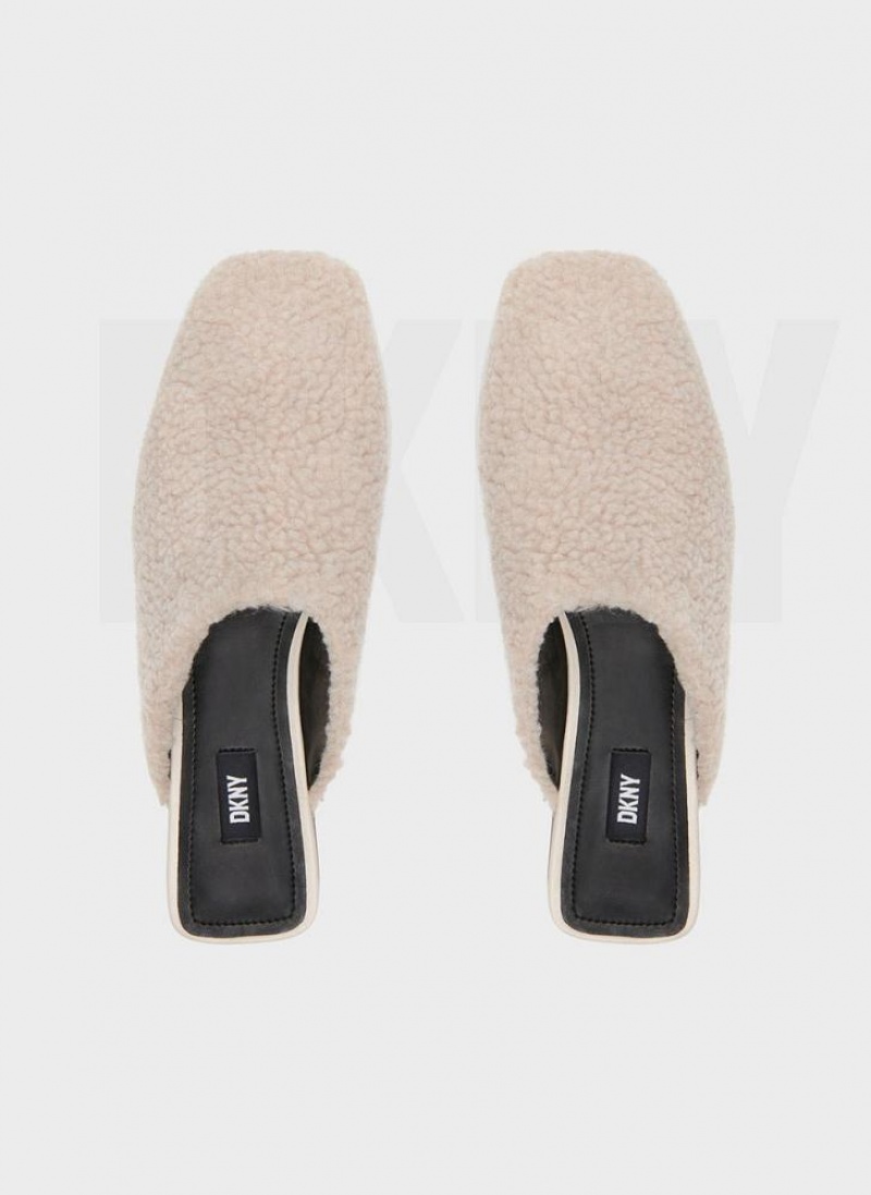 White DKNY Flat Sherpa Shoes Slides | USA-D1060