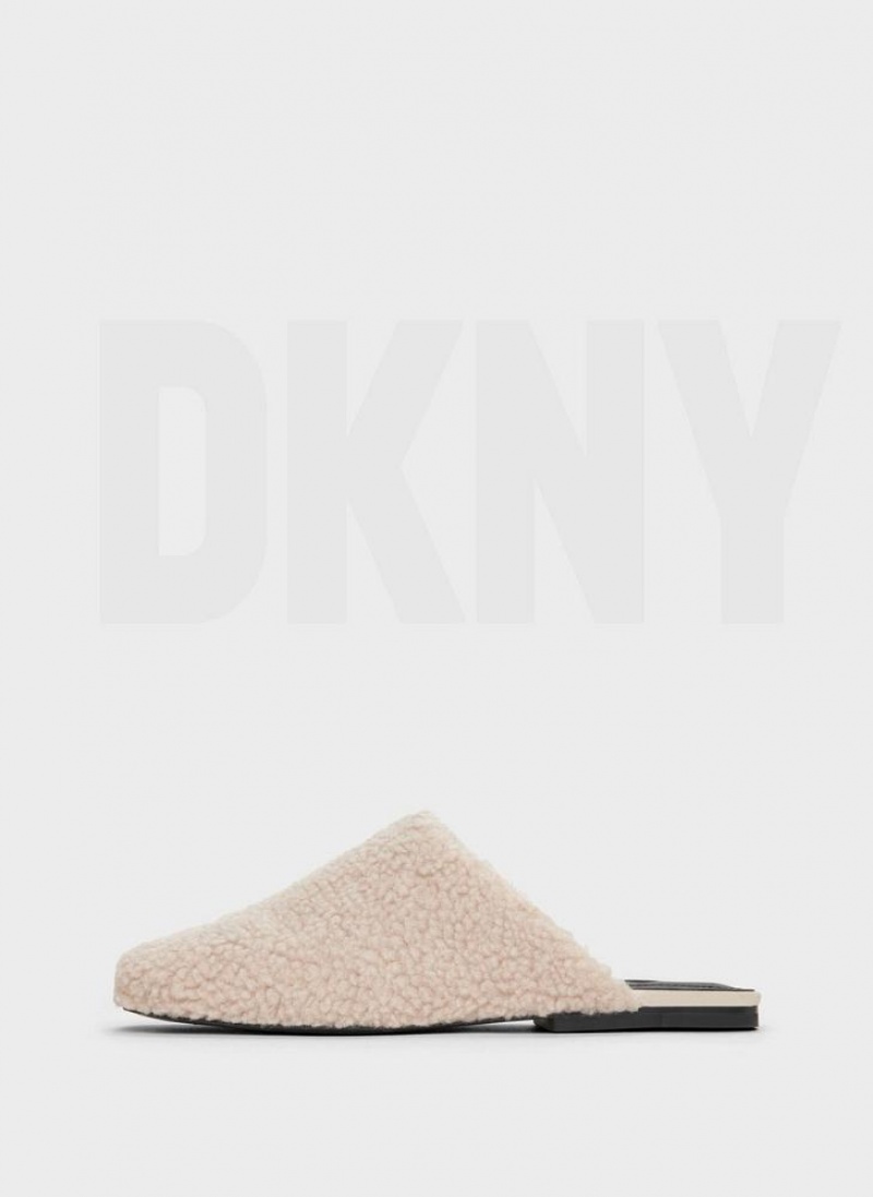 White DKNY Flat Sherpa Shoes Slides | USA-D1060