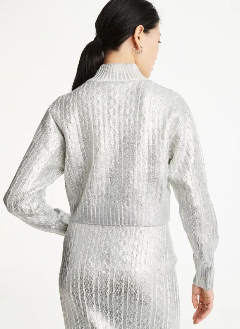White DKNY Foil Cropped Women's Sweaters | USA-D0907