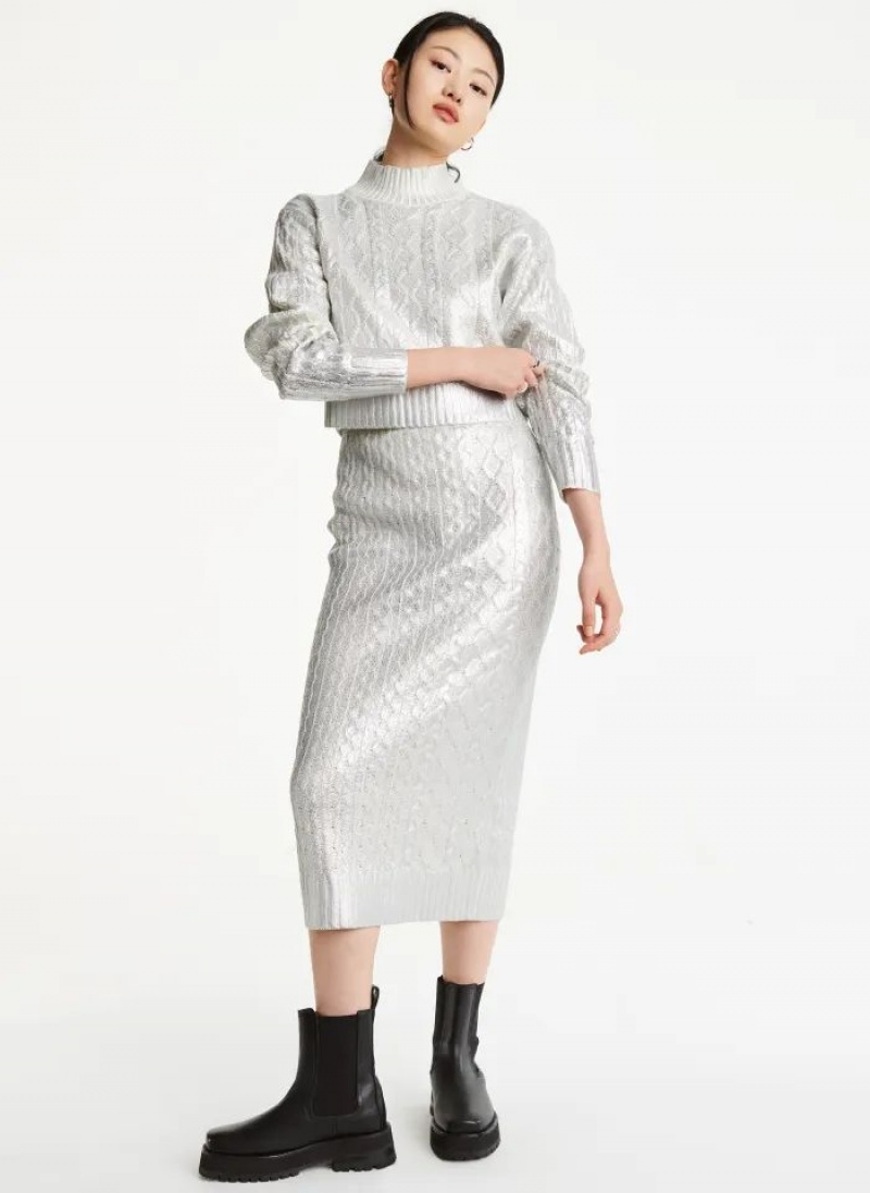 White DKNY Foil Cropped Women's Sweaters | USA-D0907