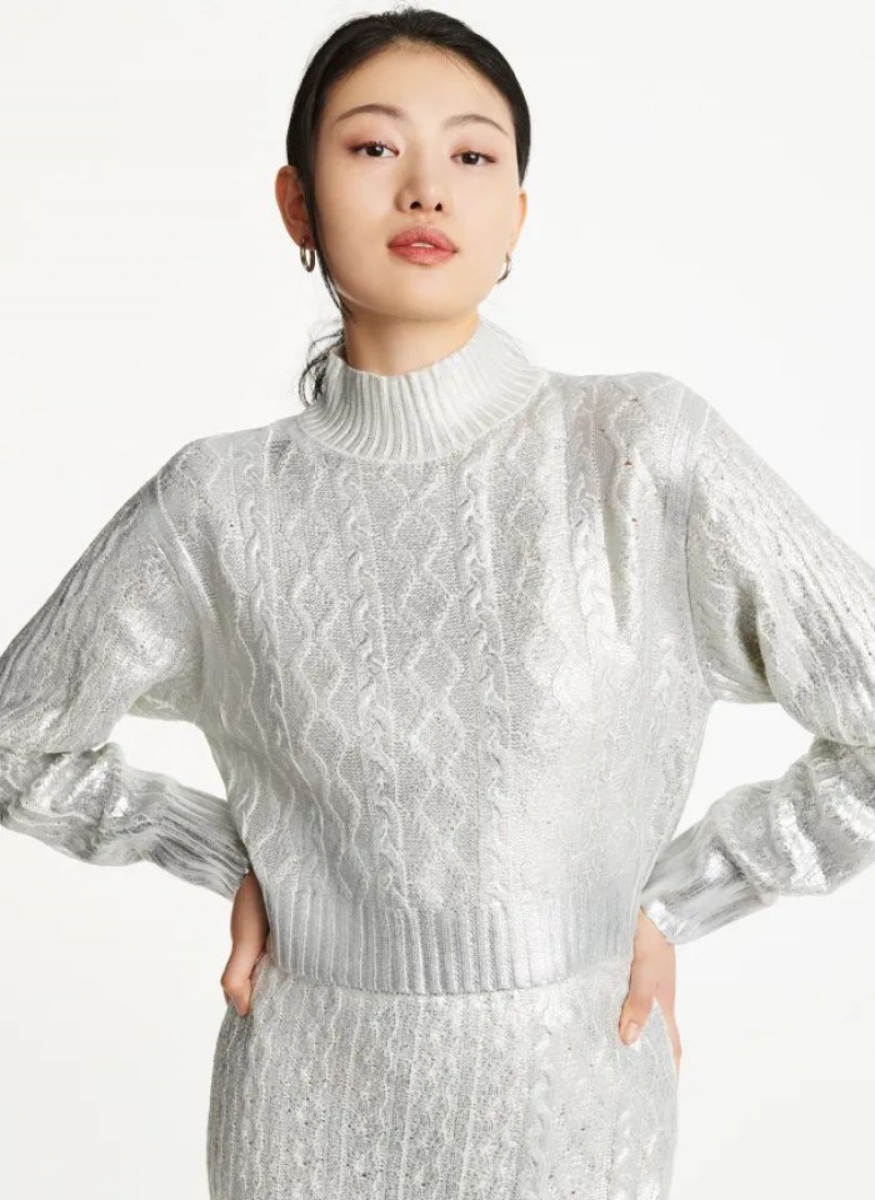 White DKNY Foil Cropped Women\'s Sweaters | USA-D0907