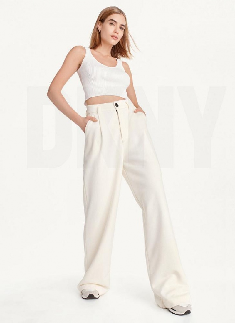 White DKNY French Terry Wide Leg Women's Pants | USA-D1514