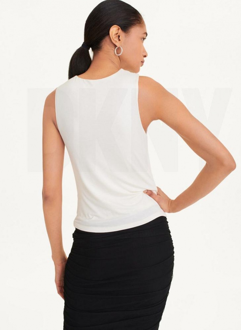 White DKNY Gathered Knit Women's Tank Tops | USA-D0663