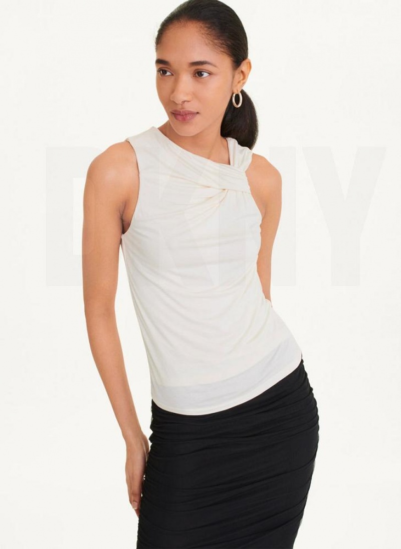 White DKNY Gathered Knit Women's Tank Tops | USA-D0663