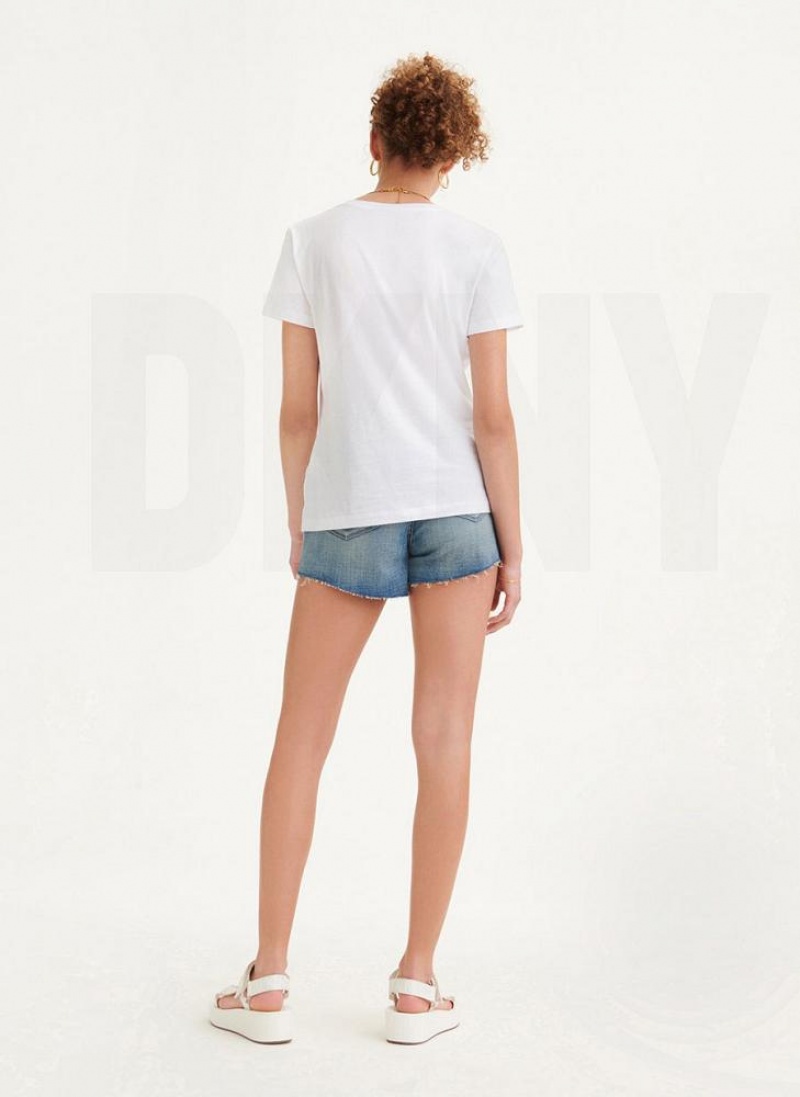 White DKNY Glitter Logo Women's T Shirts | USA-D0797