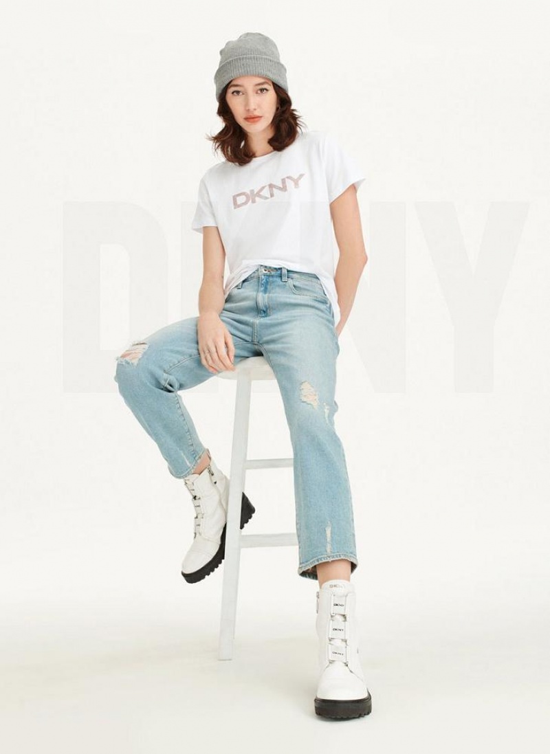 White DKNY Glitter Logo Women's T Shirts | USA-D0797
