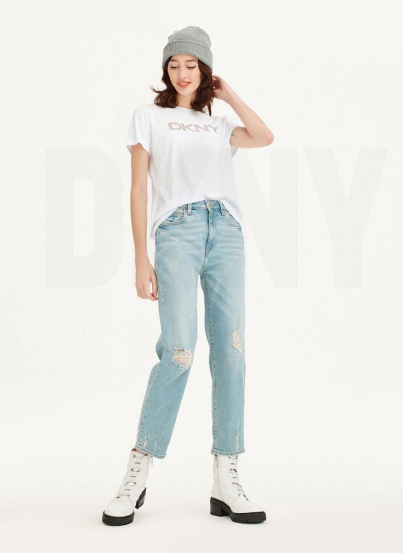 White DKNY Glitter Logo Women's T Shirts | USA-D0797