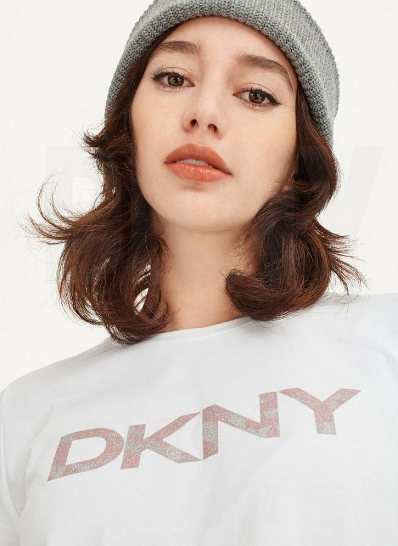 White DKNY Glitter Logo Women's T Shirts | USA-D0797
