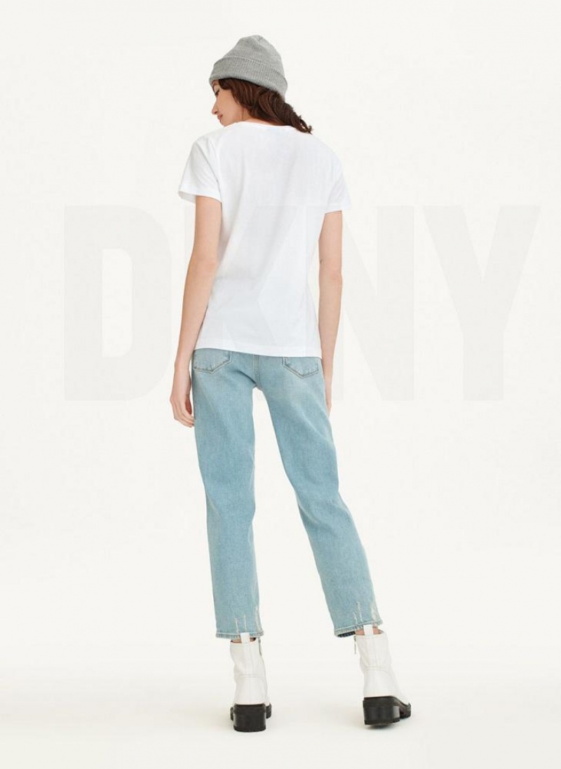 White DKNY Glitter Logo Women's T Shirts | USA-D0797