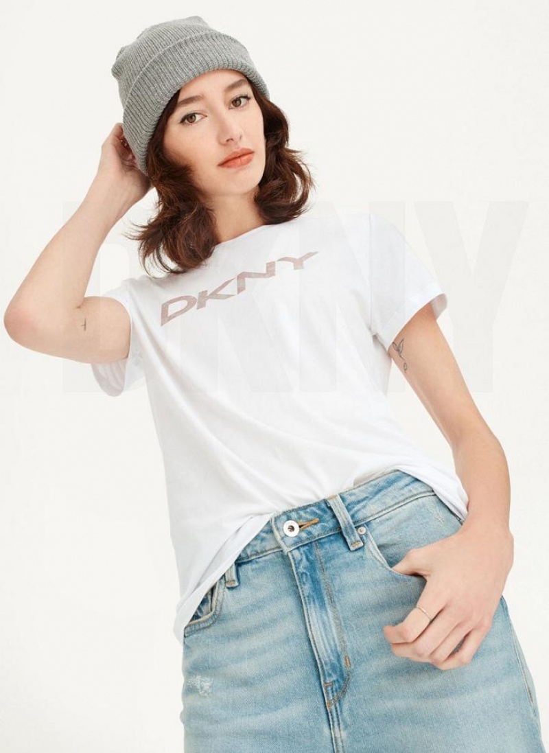 White DKNY Glitter Logo Women\'s T Shirts | USA-D0797