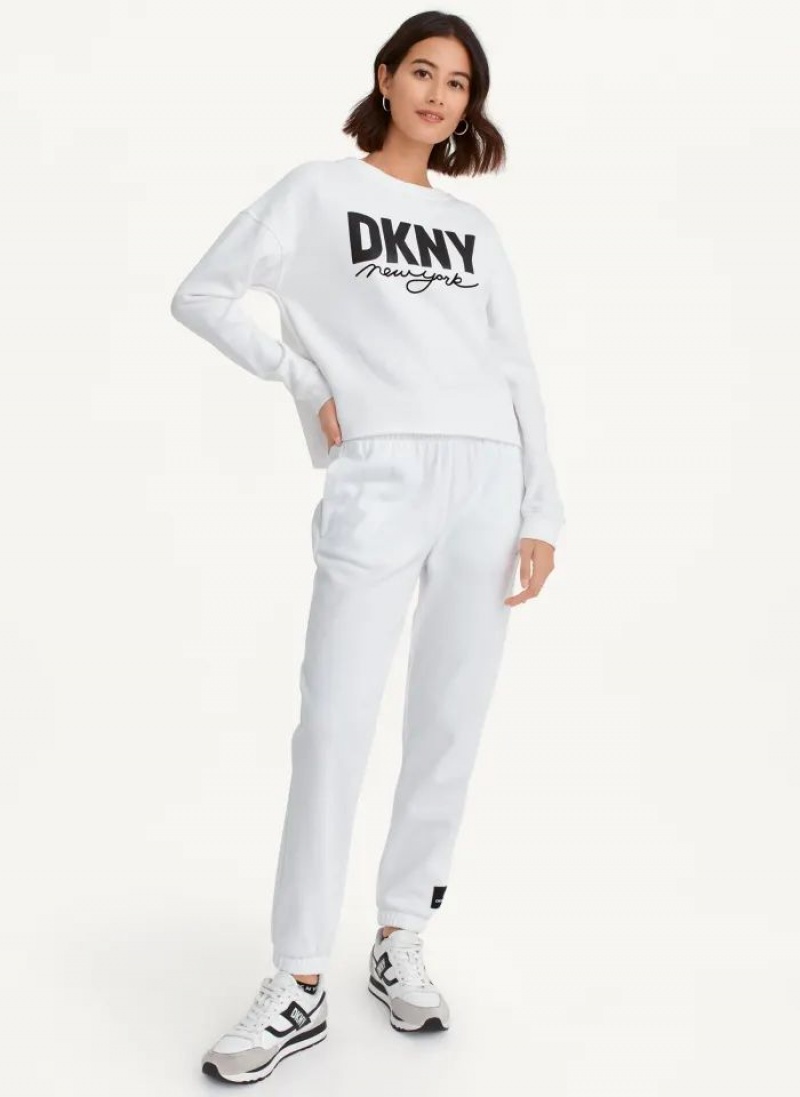 White DKNY Glitter Script Logo Cropped Raw Edge Women's Sweatshirts | USA-D1659