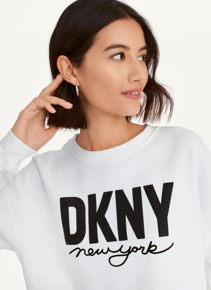 White DKNY Glitter Script Logo Cropped Raw Edge Women's Sweatshirts | USA-D1659