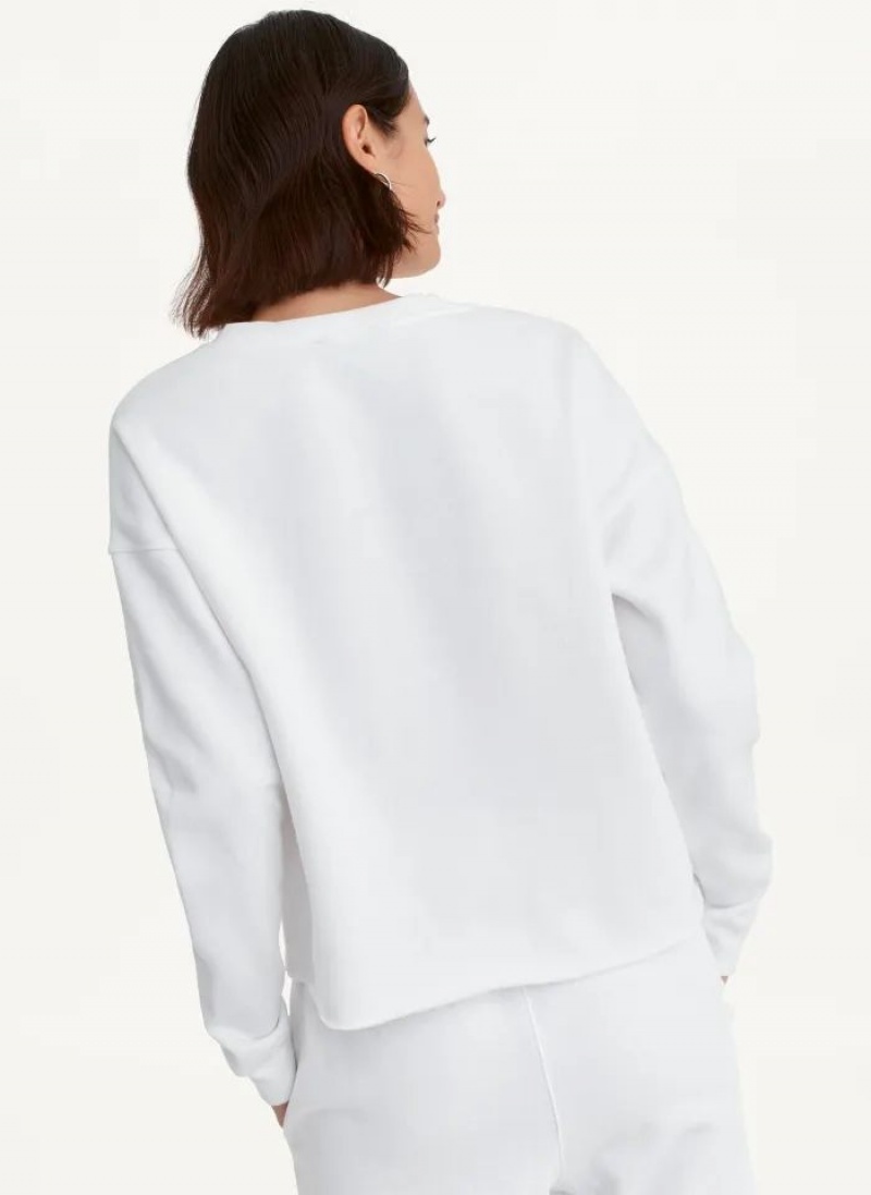 White DKNY Glitter Script Logo Cropped Raw Edge Women's Sweatshirts | USA-D1659