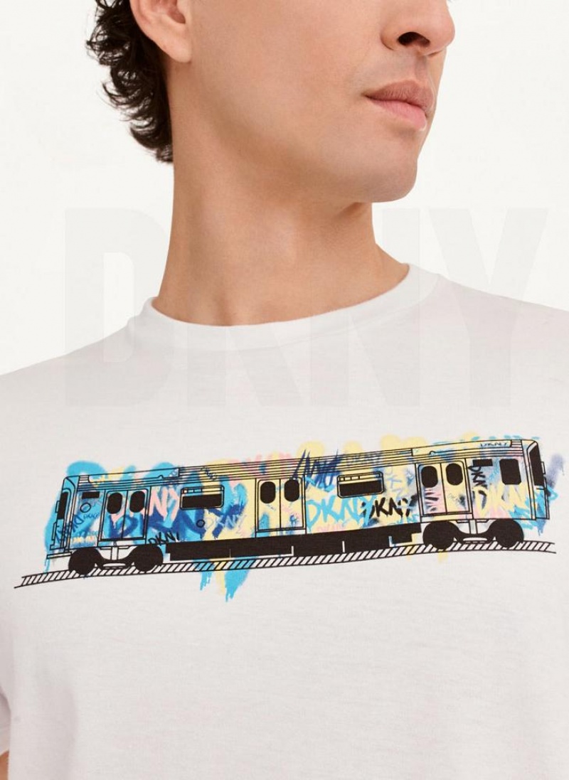 White DKNY Graffiti Subway Men's T Shirts | USA-D1232