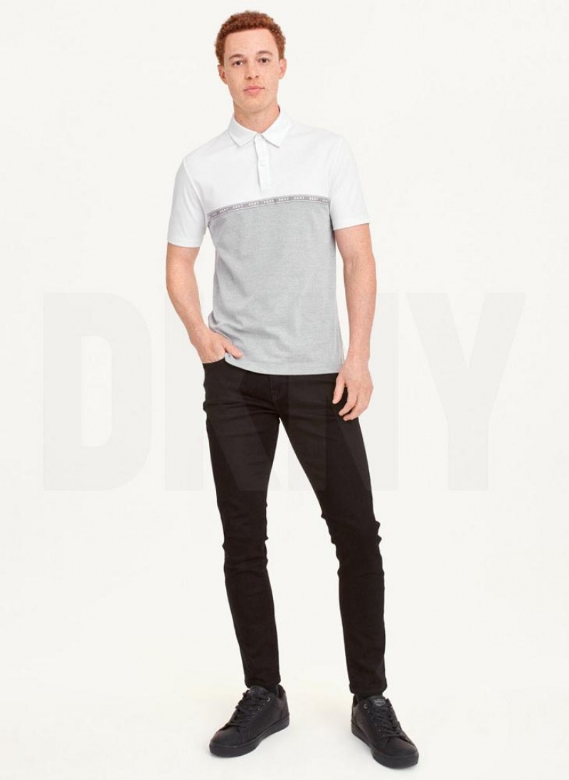 White DKNY Logo Tape Detail Men's Polo Shirts | USA-D0922