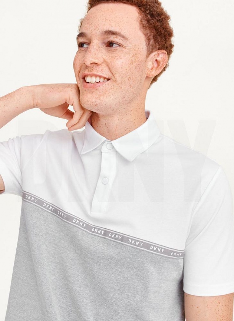 White DKNY Logo Tape Detail Men\'s Polo Shirts | USA-D0922
