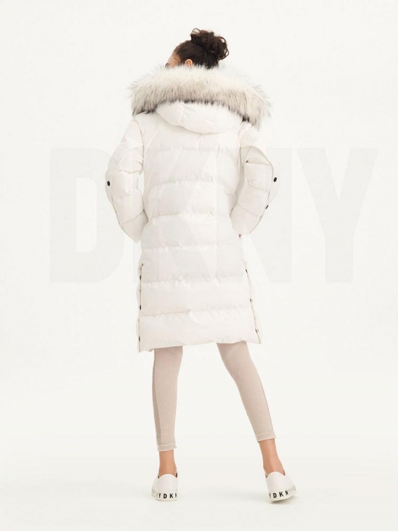 White DKNY Long Puffer With Faux Fur Hood Women's Coats | USA-D1584