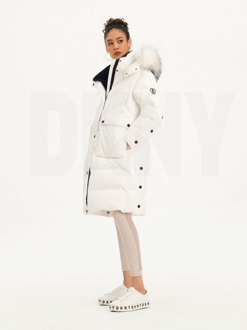 White DKNY Long Puffer With Faux Fur Hood Women's Coats | USA-D1584