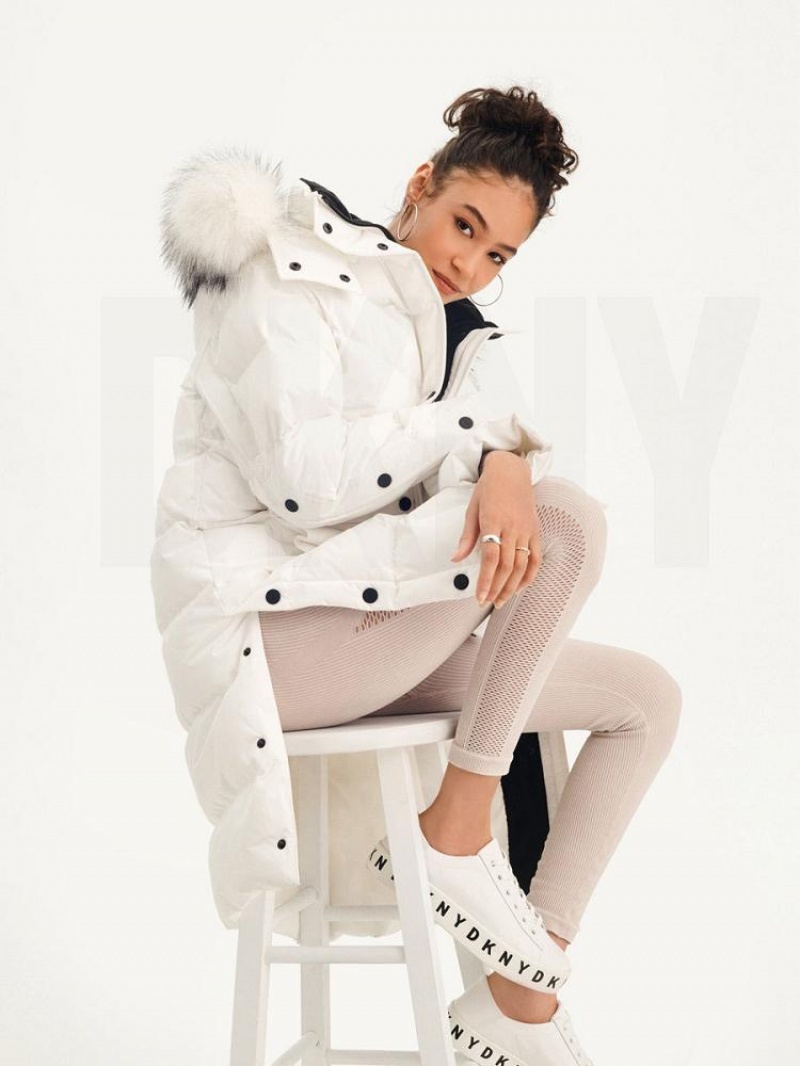 White DKNY Long Puffer With Faux Fur Hood Women's Coats | USA-D1584
