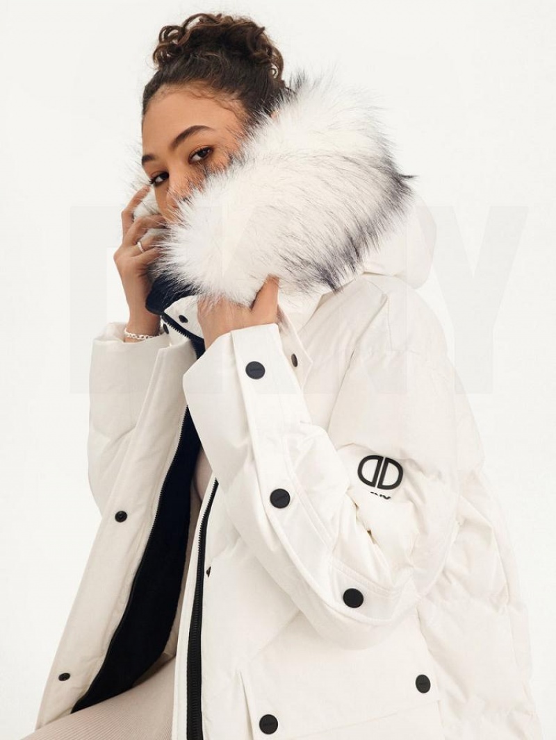 White DKNY Long Puffer With Faux Fur Hood Women's Coats | USA-D1584