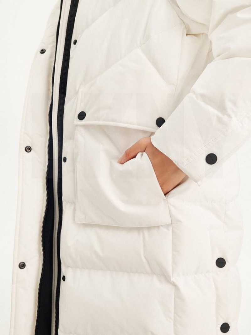 White DKNY Long Puffer With Faux Fur Hood Women's Coats | USA-D1584