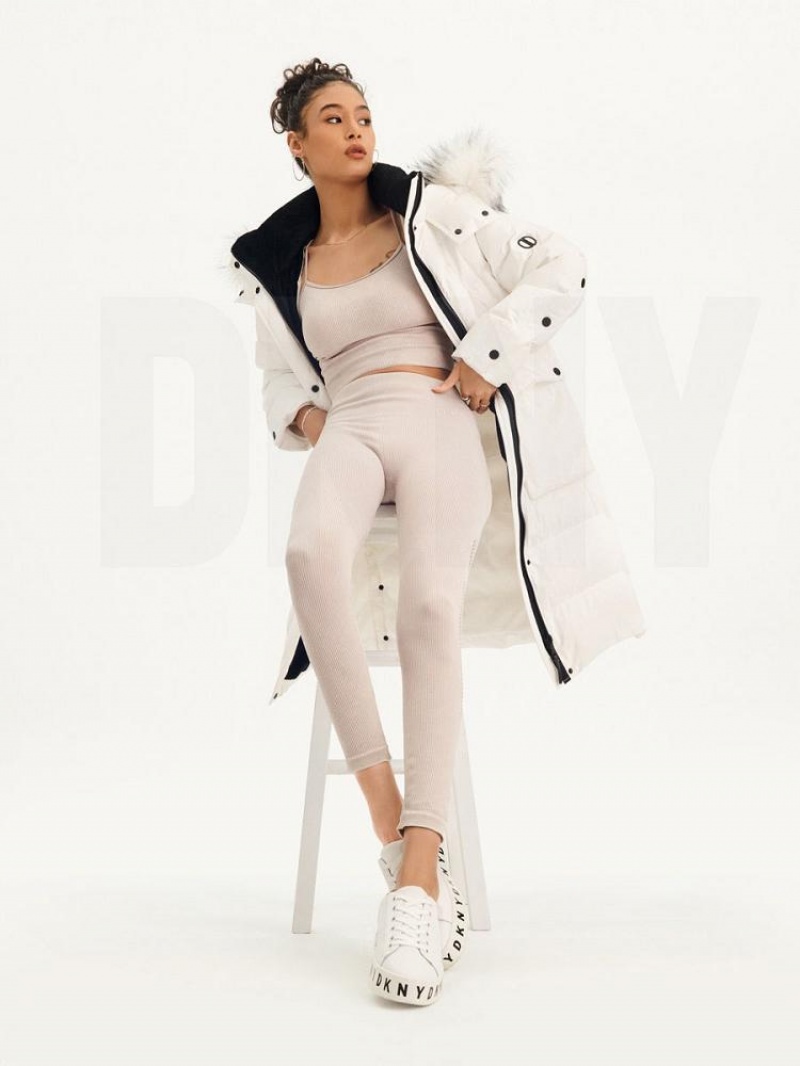 White DKNY Long Puffer With Faux Fur Hood Women\'s Coats | USA-D1584