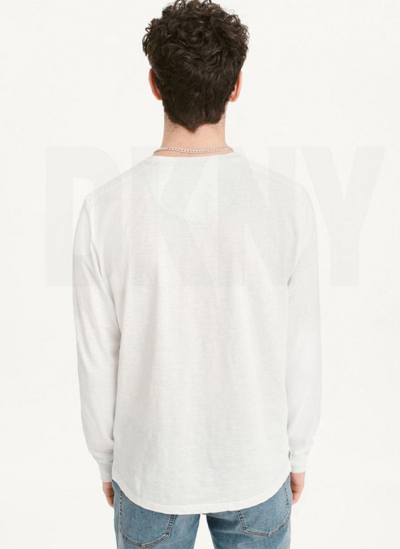 White DKNY Long Sleeve Crew Pocket Slub Jersey Men's T Shirts | USA-D0969