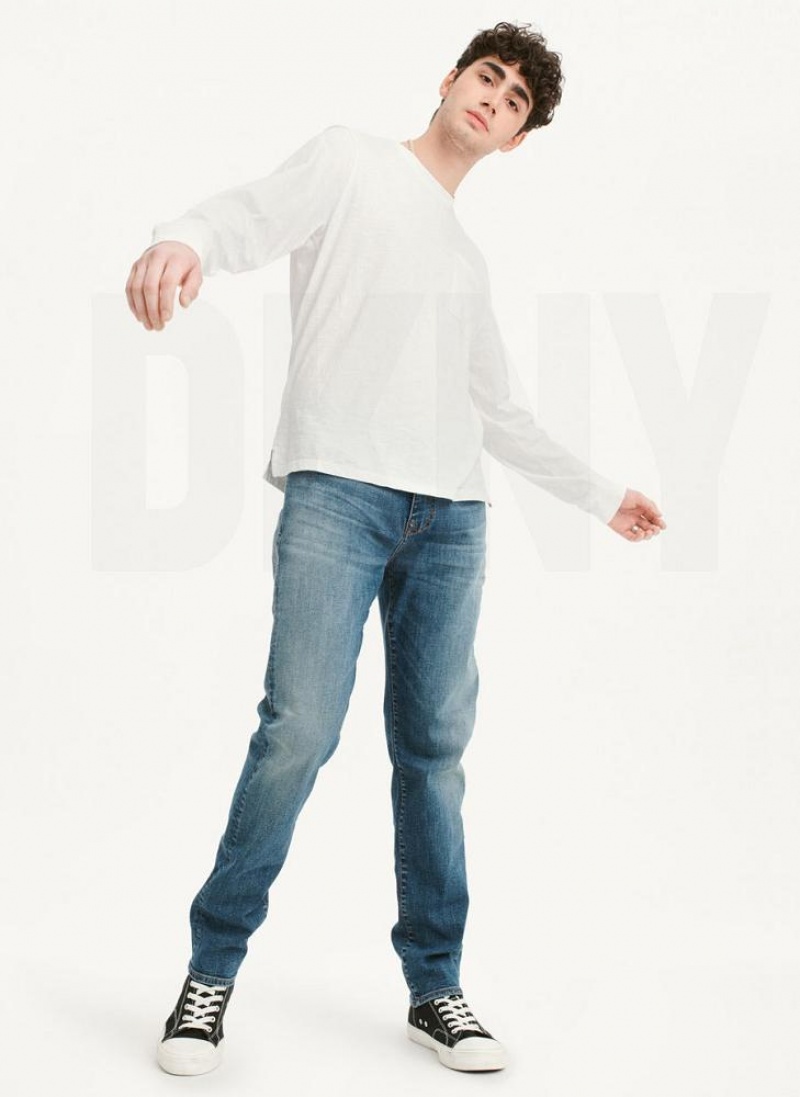 White DKNY Long Sleeve Crew Pocket Slub Jersey Men's T Shirts | USA-D0969