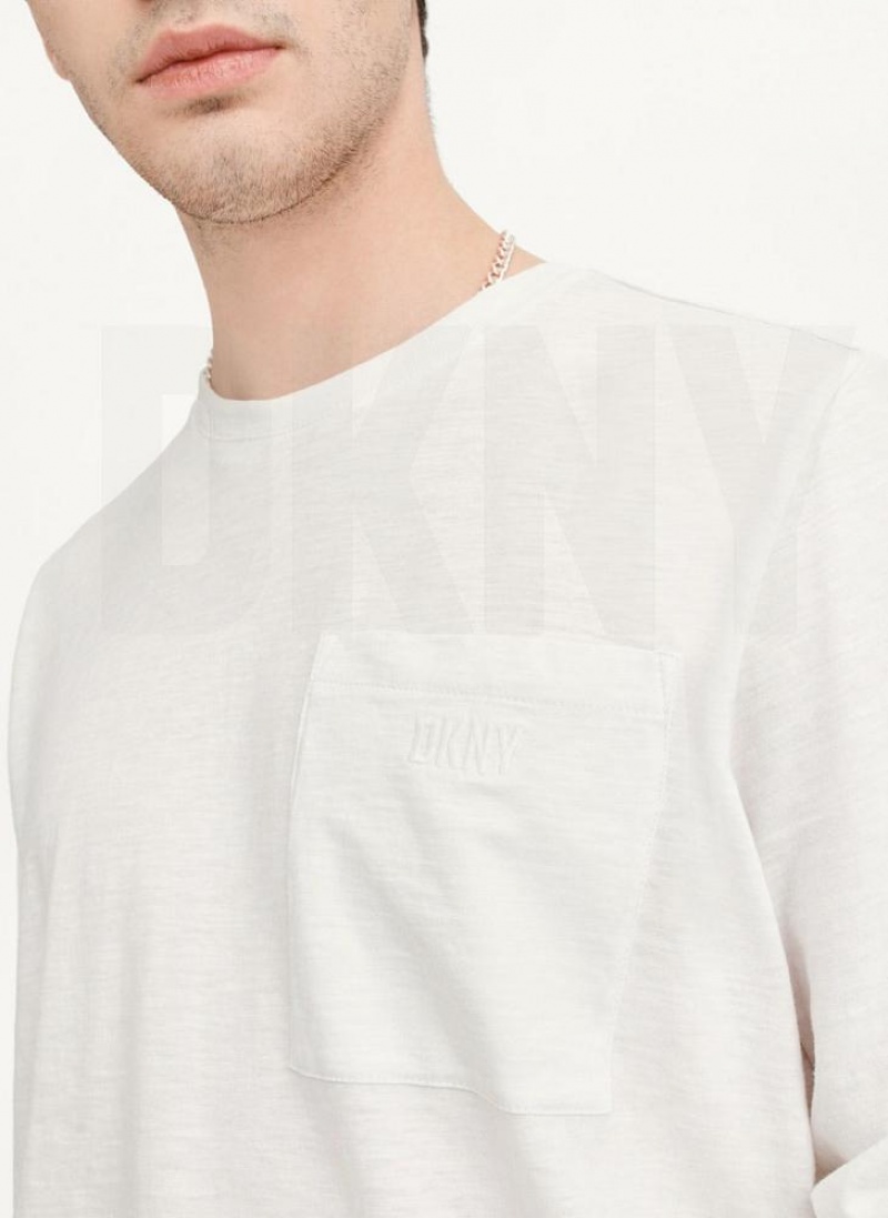 White DKNY Long Sleeve Crew Pocket Slub Jersey Men's T Shirts | USA-D0969