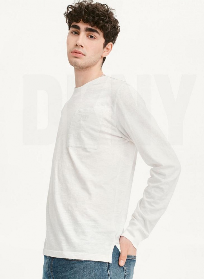White DKNY Long Sleeve Crew Pocket Slub Jersey Men\'s T Shirts | USA-D0969