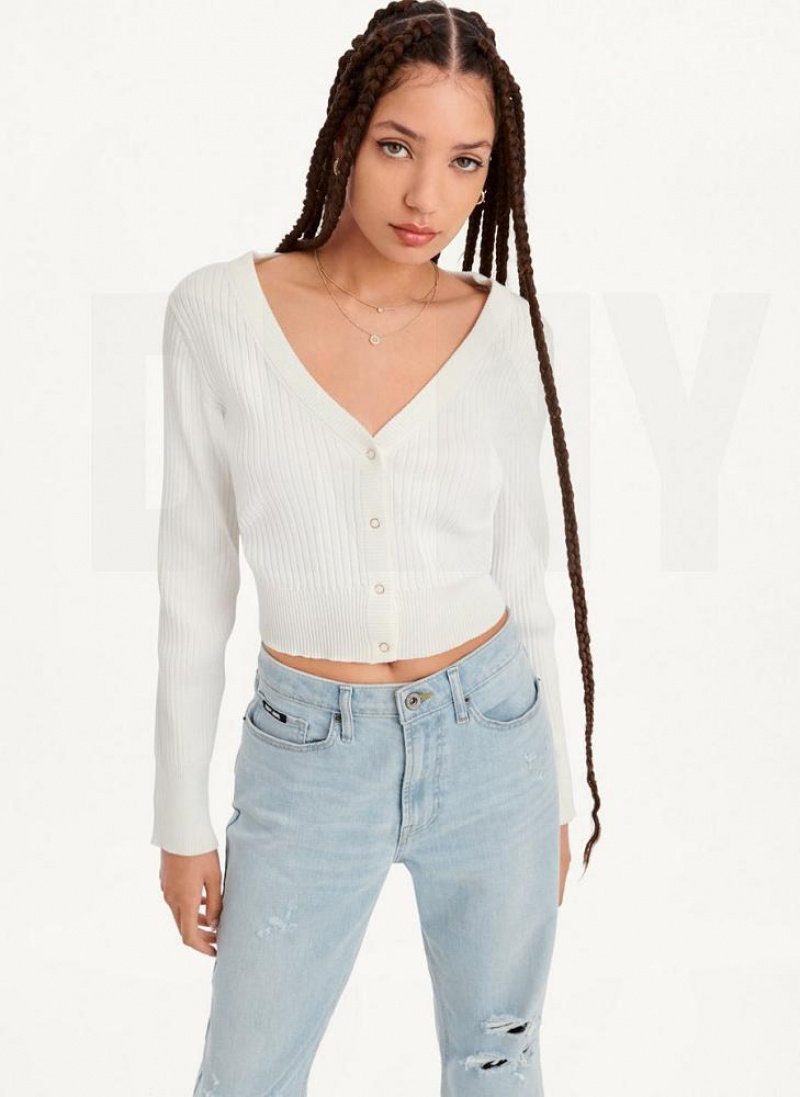 White DKNY Long Sleeve Cropped Button-Front Cardigan Women's Sweaters | USA-D1158
