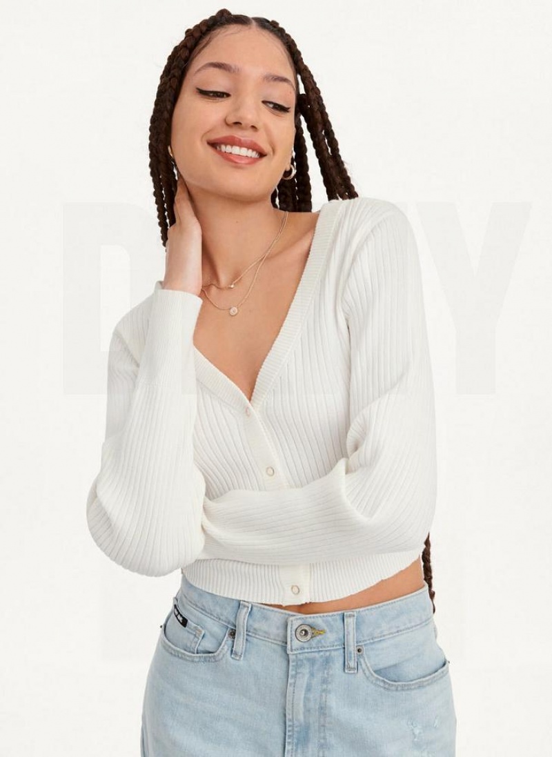 White DKNY Long Sleeve Cropped Button-Front Cardigan Women\'s Sweaters | USA-D1158