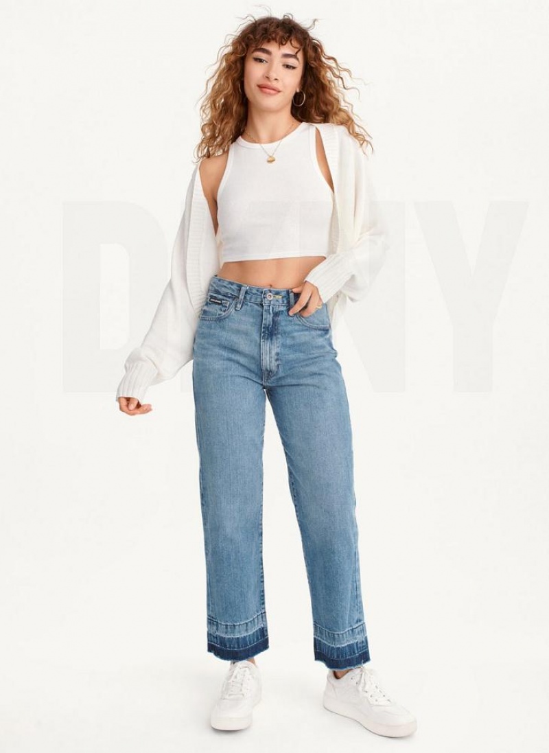 White DKNY Long Sleeve Cropped Cardigan Women's Sweaters | USA-D1866