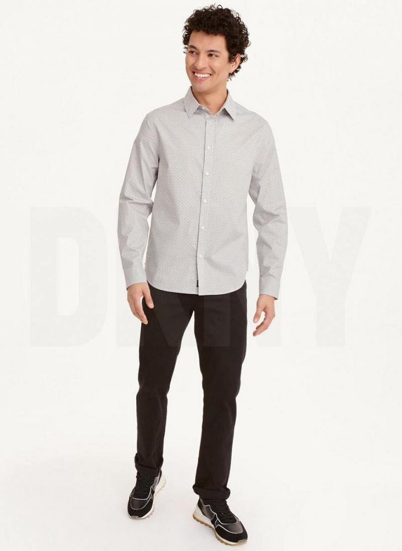 White DKNY Long Sleeve Interlocking Logo Men's Shirts | USA-D1894
