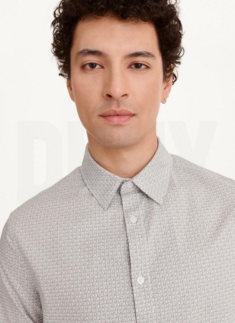 White DKNY Long Sleeve Interlocking Logo Men's Shirts | USA-D1894