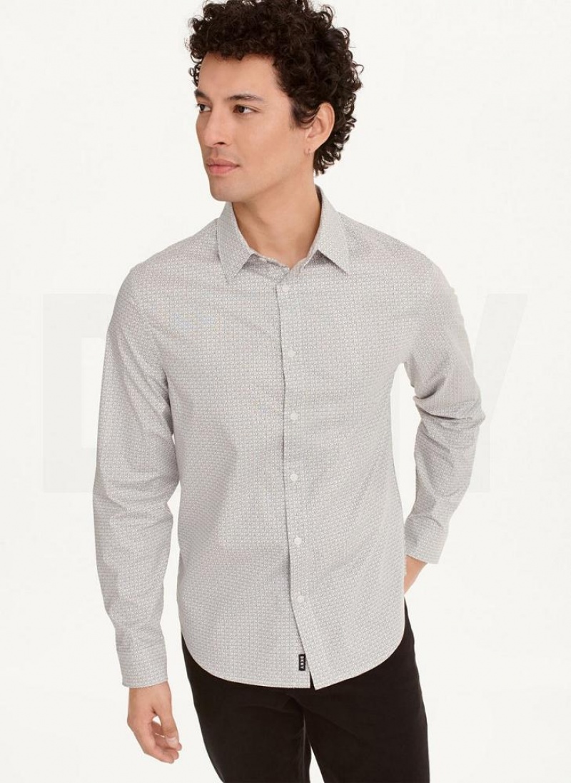 White DKNY Long Sleeve Interlocking Logo Men\'s Shirts | USA-D1894