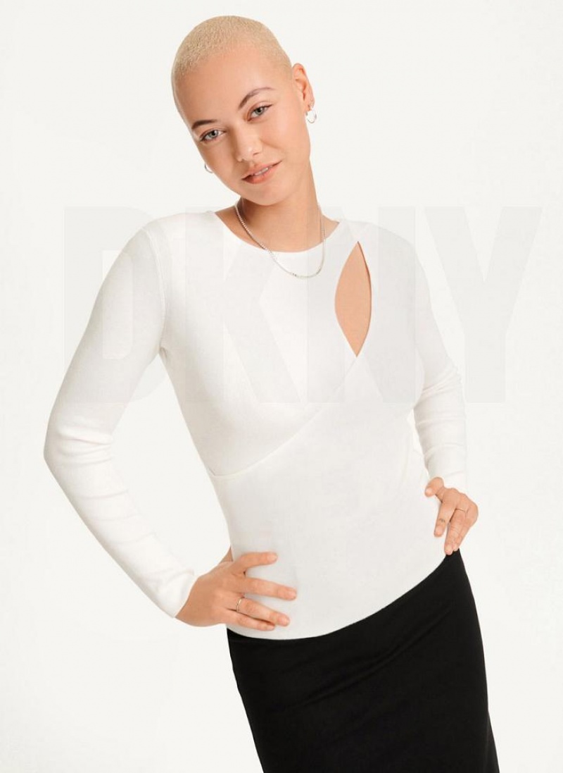 White DKNY Long Sleevewrap Cut Out Women's Sweaters | USA-D1468