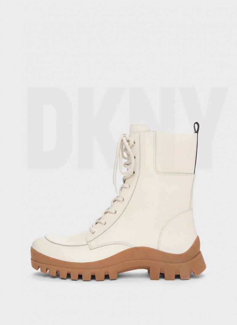 White DKNY Lug Sole Combat Shoes Boots | USA-D0685