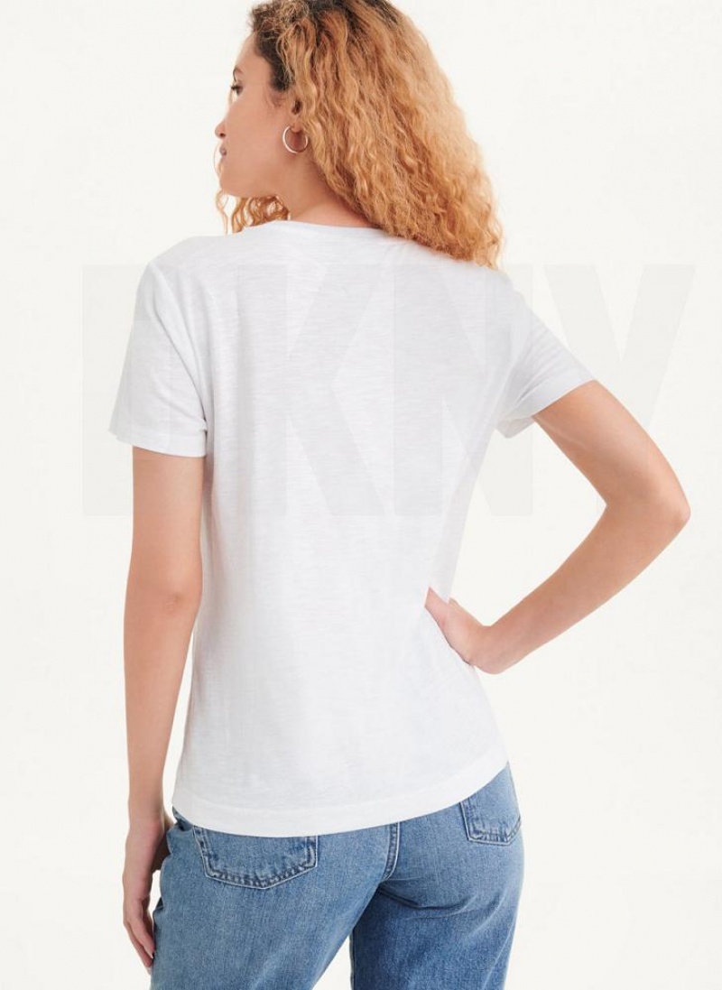 White DKNY Lurex Trim Women's T Shirts | USA-D0779