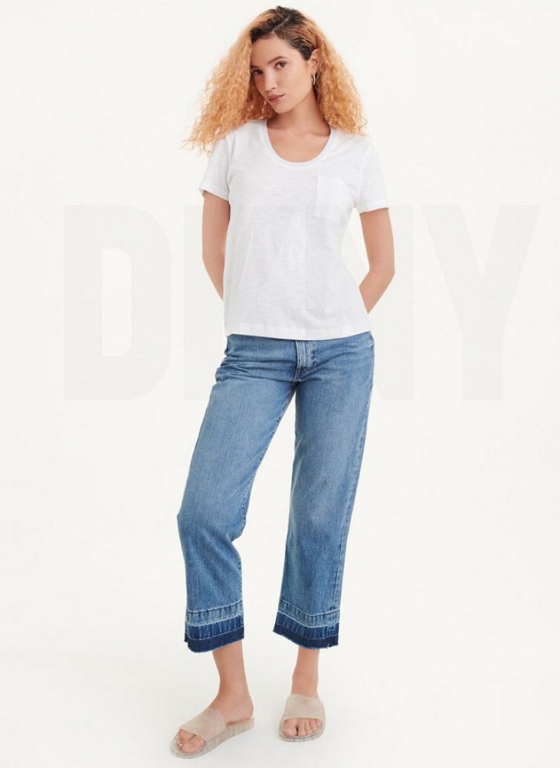 White DKNY Lurex Trim Women's T Shirts | USA-D0779