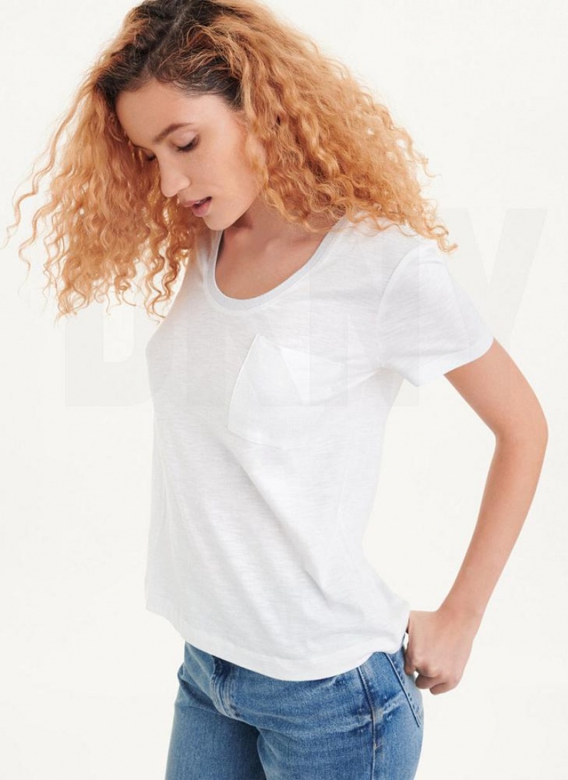 White DKNY Lurex Trim Women\'s T Shirts | USA-D0779