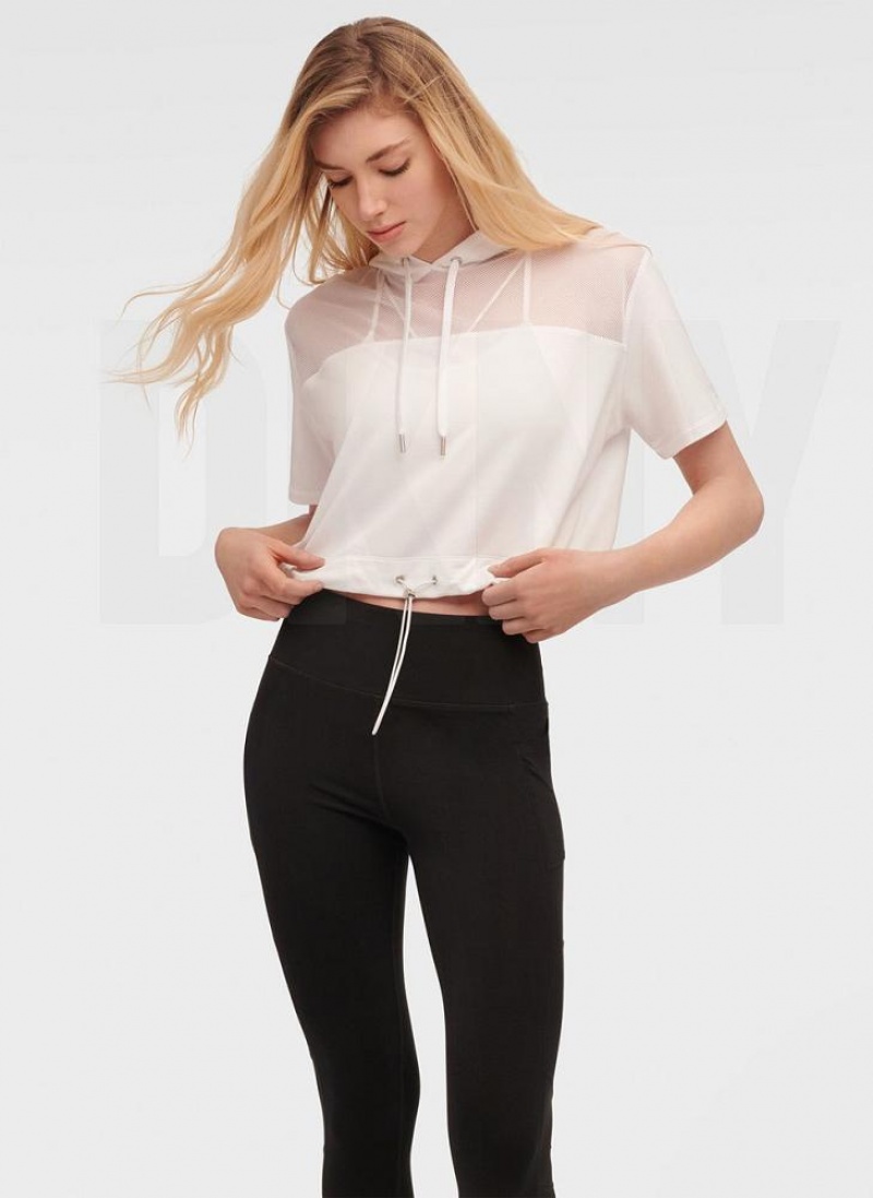 White DKNY Mesh Blocked Short Sleeve Women's Hoodies | USA-D1335