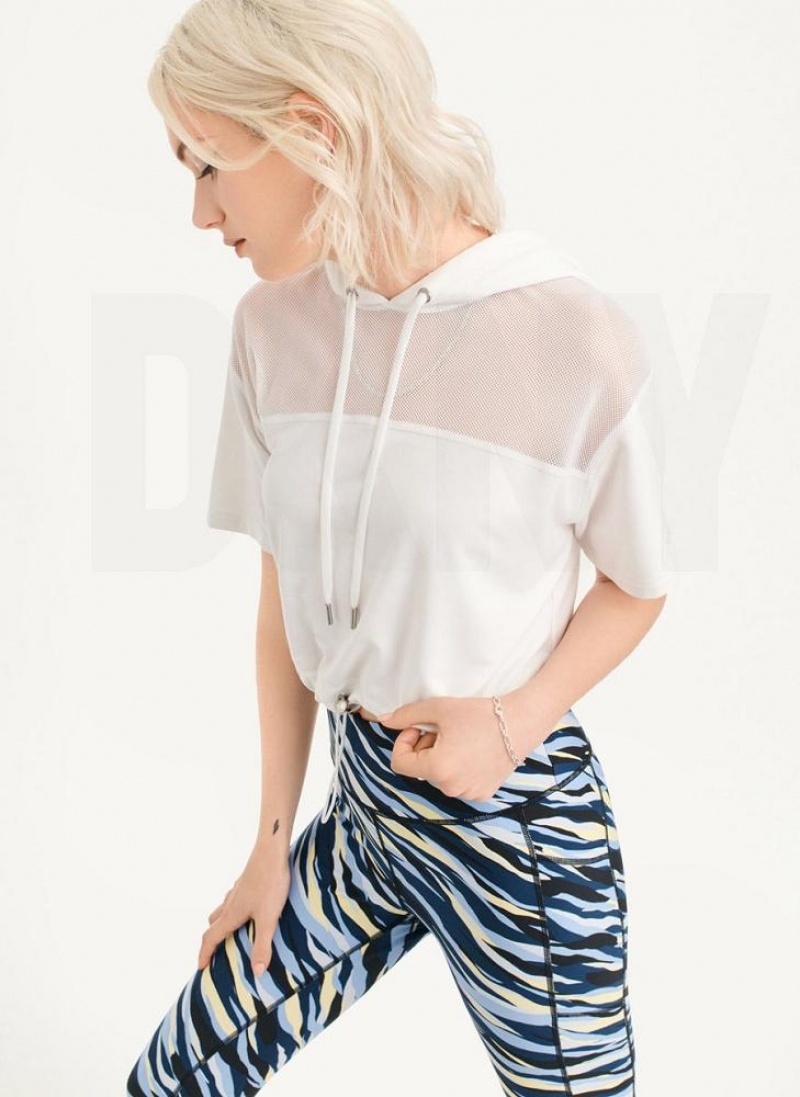 White DKNY Mesh Blocked Short Sleeve Women's Hoodies | USA-D1335