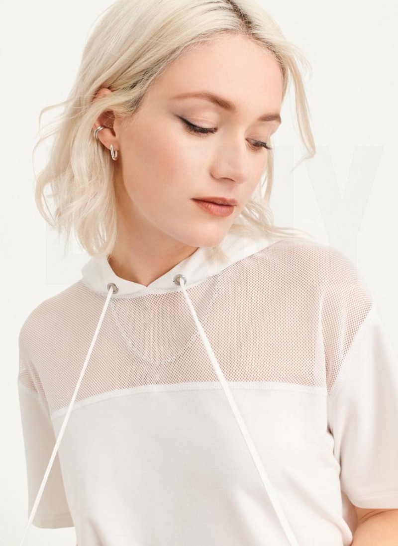 White DKNY Mesh Blocked Short Sleeve Women's Hoodies | USA-D1335
