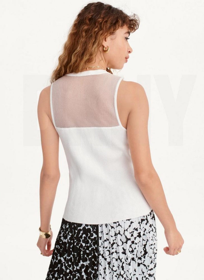 White DKNY Mesh Yoke Sweet Heart Women's Sweaters | USA-D1339