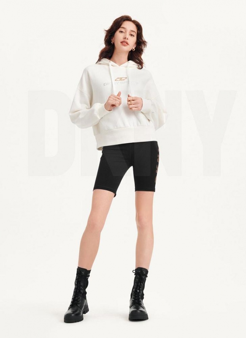 White DKNY Mixed Distressed Metallic Logo Cropped Women's Hoodies | USA-D0853