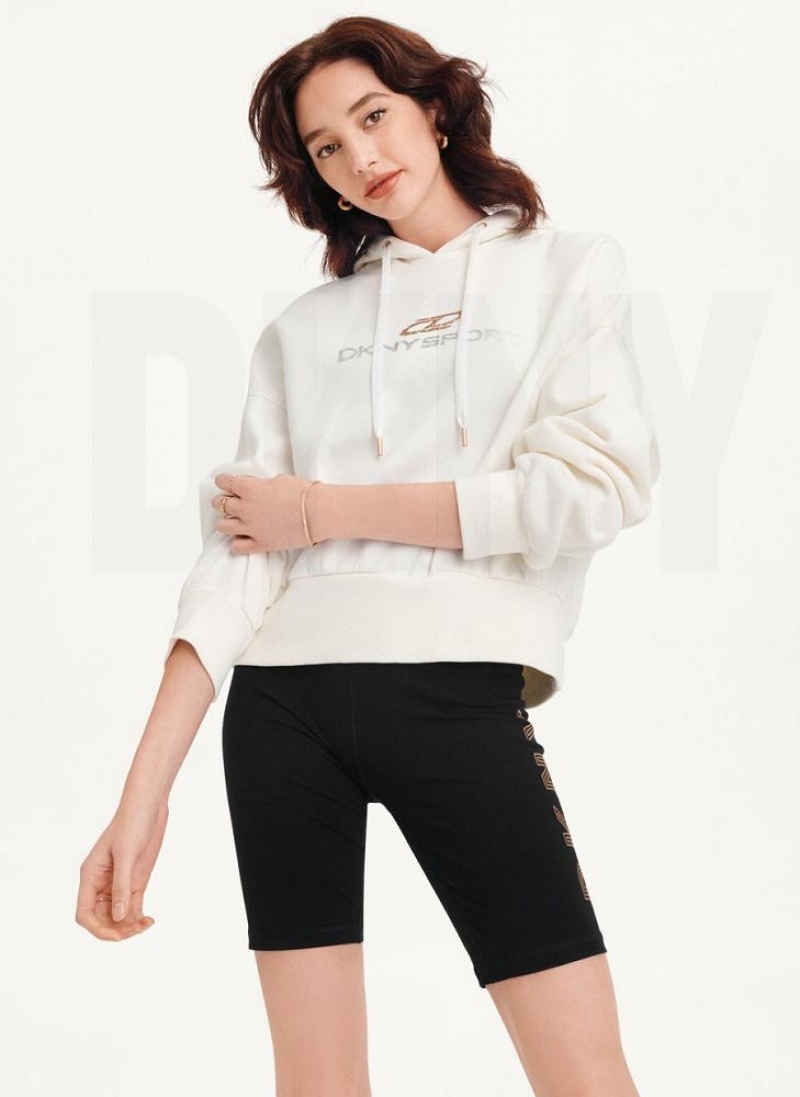 White DKNY Mixed Distressed Metallic Logo Cropped Women's Hoodies | USA-D0853