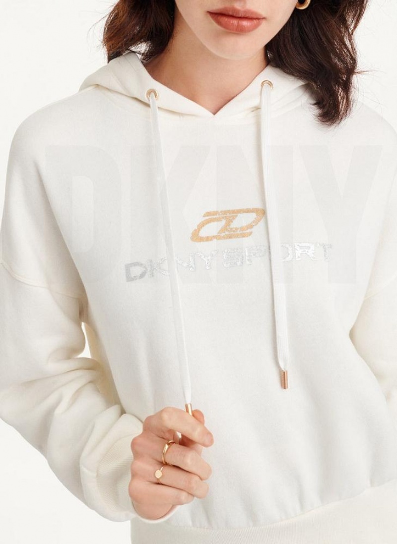 White DKNY Mixed Distressed Metallic Logo Cropped Women's Hoodies | USA-D0853