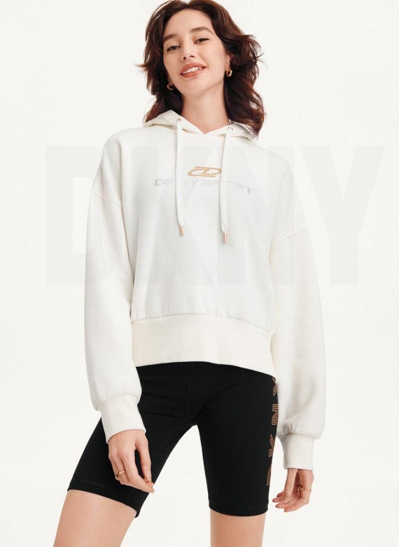 White DKNY Mixed Distressed Metallic Logo Cropped Women\'s Hoodies | USA-D0853