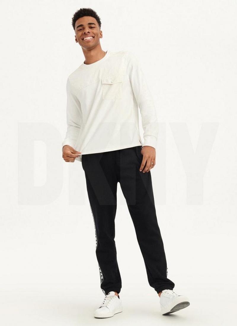 White DKNY Mixed Media Pocket Long Sleeve Knit Men's T Shirts | USA-D1047